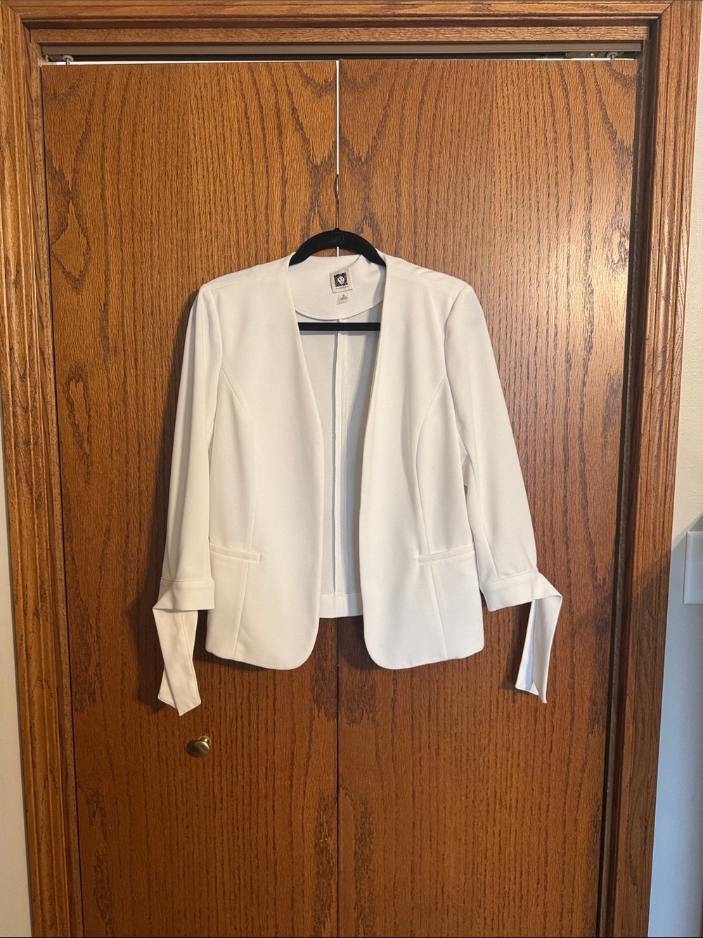 Anne Klein White Open-Front Tie-Cuff Blazer Jacket